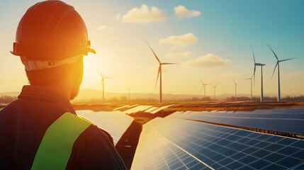 A worker in a safety helmet observes solar panels and wind turbines under a bright sunset, symbolizing renewable energy and sustainability.
