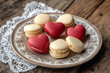 Fototapeta premium Delicate heart-shaped macarons in red and beige hues rest gracefully on a vintage plate adorned with intricate lace, creating a charming and inviting atmosphere