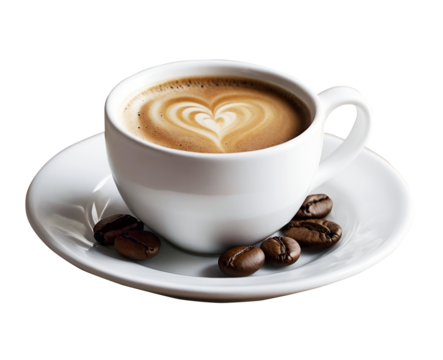 cup of coffee with coffee beans, coffee with heart shaped ornament of whipped cream in white pottery mug on white saucer isolated on transparent background, png file with copy space for text