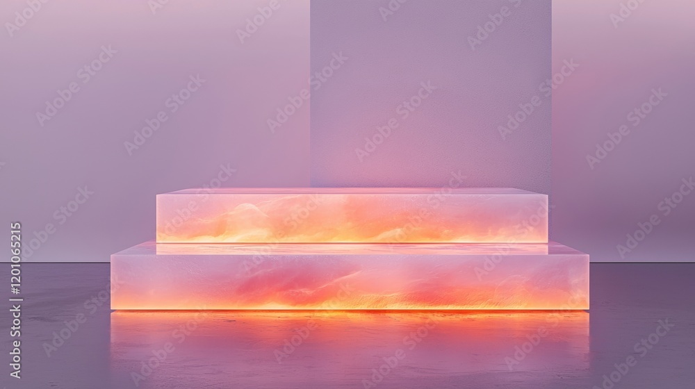 Poster rectangular platform with a pink and orange gradient background. the platform is placed on a grey fl