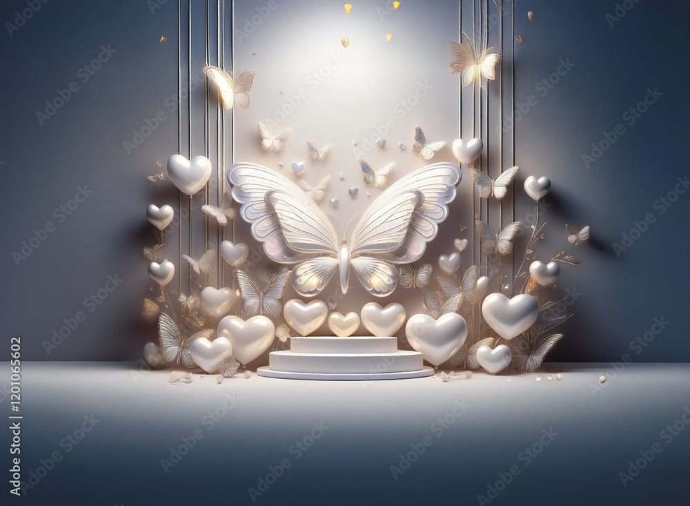 Poster elegant 3d rendering of a large white butterfly with hearts and smaller butterflies surrounding a ci