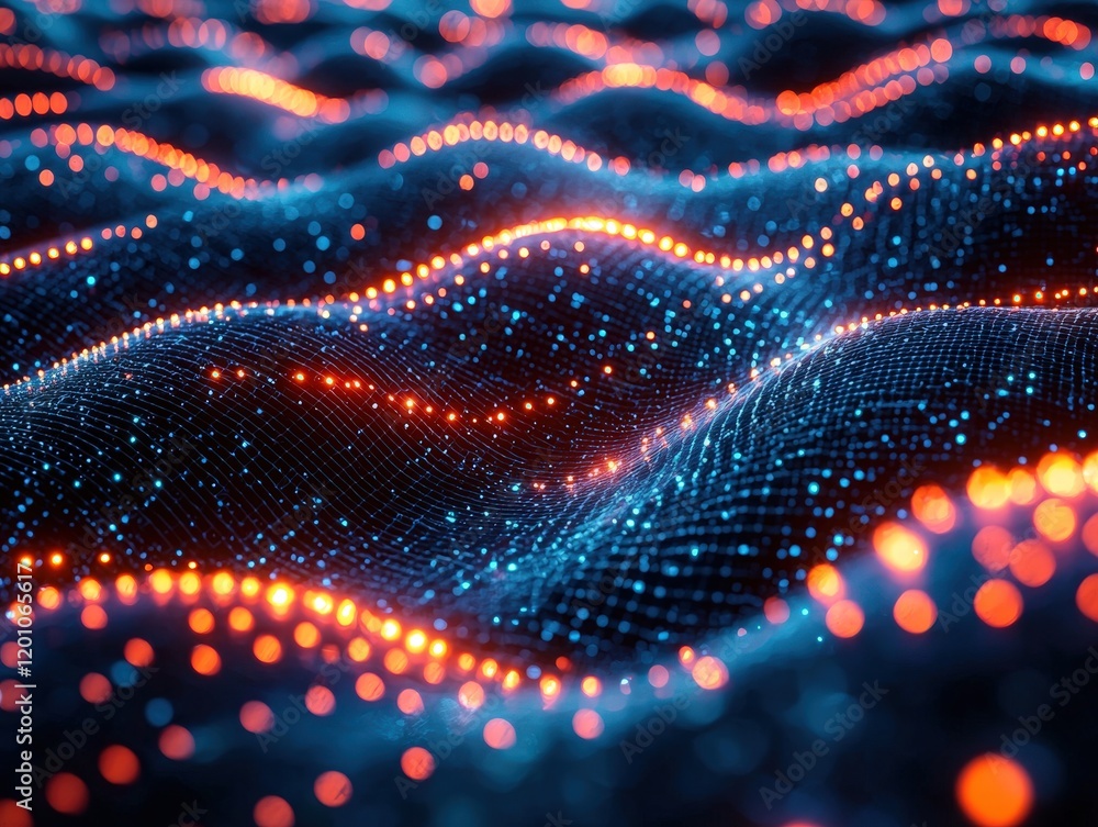 Poster abstract digital landscape with flowing waves of glowing particles. ideal for backgrounds, presentat
