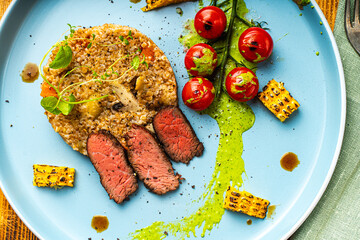 Sliced filet mignon steak with grits, cherry tomatoes, mushrooms and corn is originally served on a...