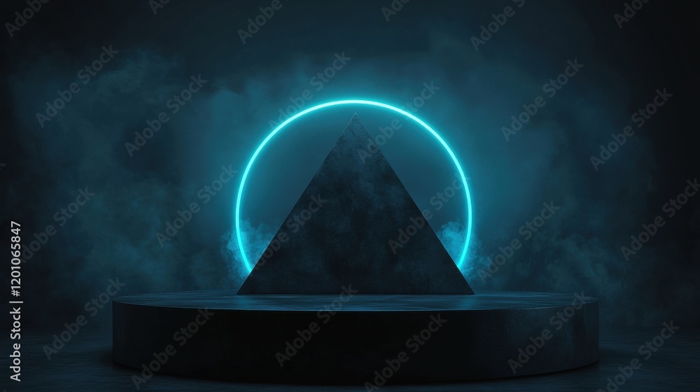Poster 3d rendering of a stage with a dark background. in the center of the stage, there is a large pyramid