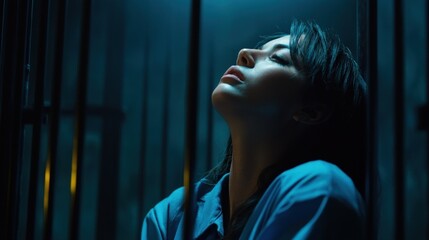 woman leans back against metal bars in a dark, confined area, her expression conveying deep thought and emotional struggle in a moody blue light