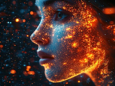 A woman's face is covered in glowing particles. Perfect for album art, posters, or social media posts related to technology, beauty, or science fiction.