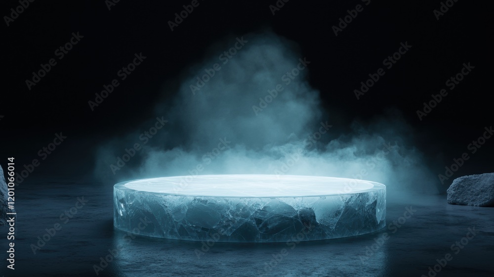 Poster circular ice sculpture in the center of a dark room. the ice sculpture is made up of multiple layers