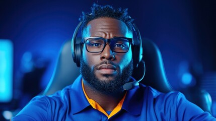 Focused gamer engages with the gaming community while wearing a headset in a sleek and modern esports environment. vibrant lighting enhances the immersive atmosphere