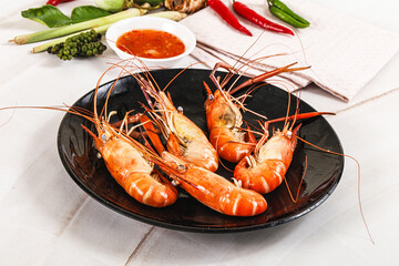 Boiled tiger prawn with sauce