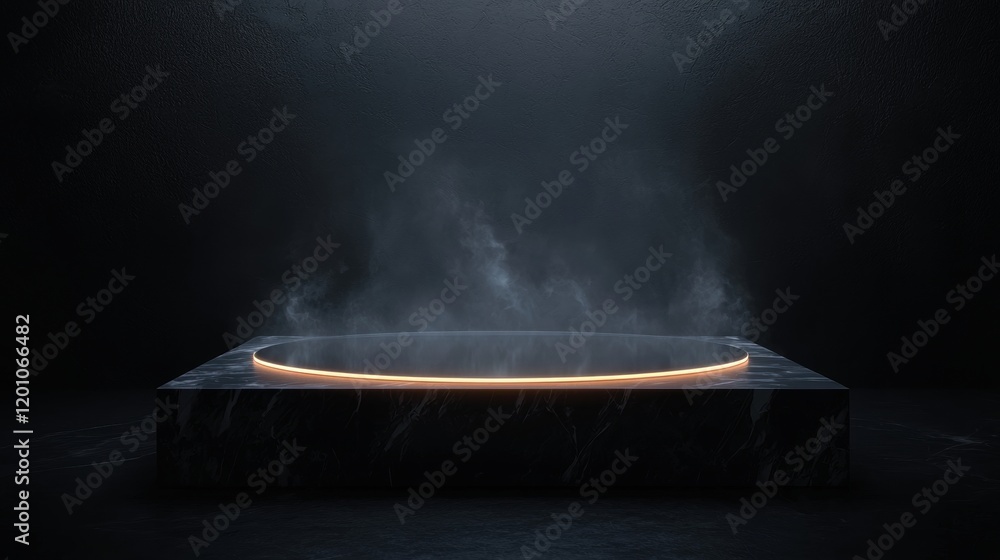 Poster dark room with a circular platform in the center. the platform is made of a dark marble-like materia
