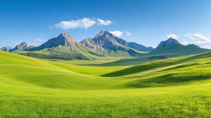 Vibrant green rolling hills extend towards majestic mountains under a bright blue sky with fluffy white clouds, creating a peaceful and picturesque natural setting