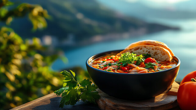 A delicate bowl of Greek Kakavia fish soup, served with crusty bread and framed by an Aegean Sea background, [Mediterranean seafood, regional gourmet]