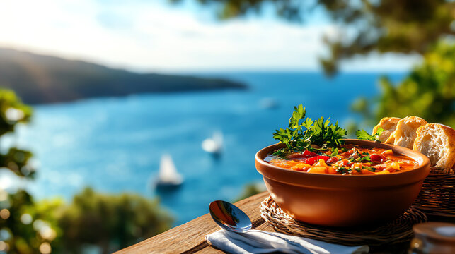 A delicate bowl of Greek Kakavia fish soup, served with crusty bread and framed by an Aegean Sea background, [Mediterranean seafood, regional gourmet]