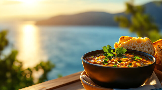 A delicate bowl of Greek Kakavia fish soup, served with crusty bread and framed by an Aegean Sea background, [Mediterranean seafood, regional gourmet]