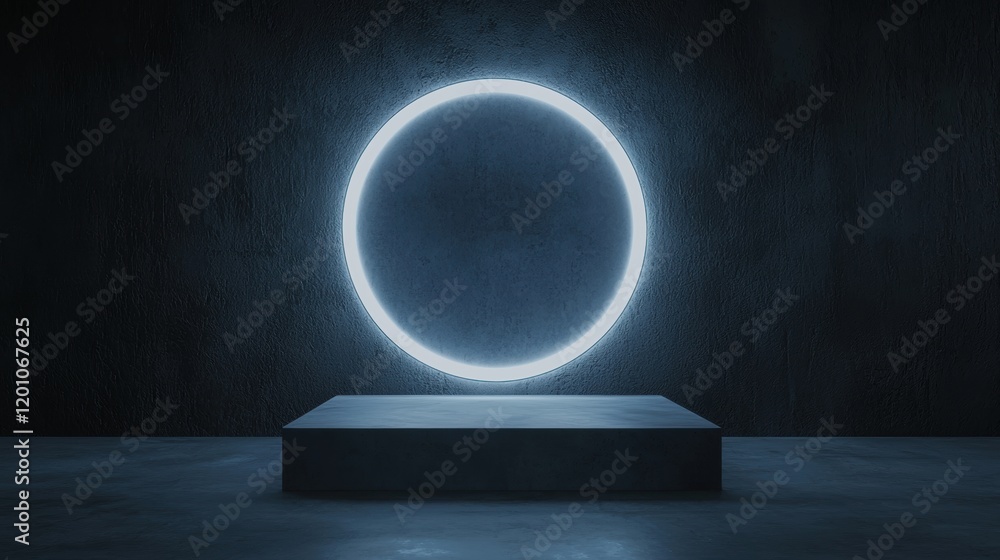 Poster dark room with a large circular light fixture in the center. the light fixture is made up of a serie