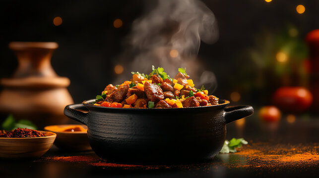 A steaming pot of Moroccan Boulfaf skewers featuring liver wrapped in fat, surrounded by vibrant spices and traditional serving platters, [North African cuisine, cultural feasts]