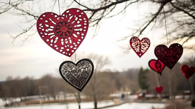 Hanging hearts as they sway gently in the breeze. Illustration of hearts romantic background wallpaper made with 
