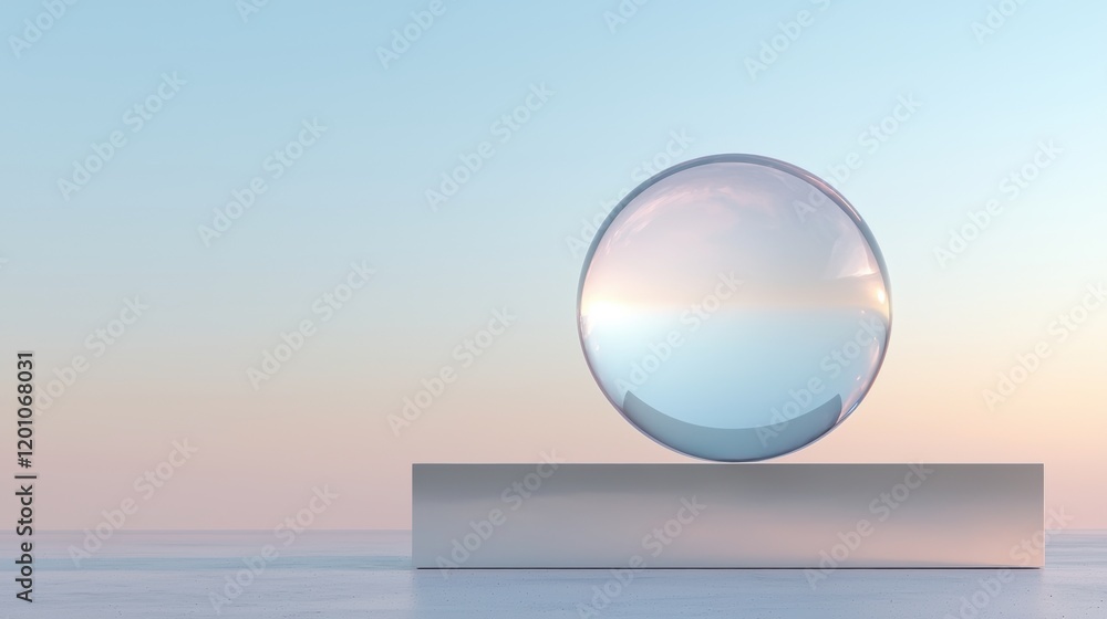 Poster spherical object on a white pedestal. the object appears to be made of glass or a similar material a