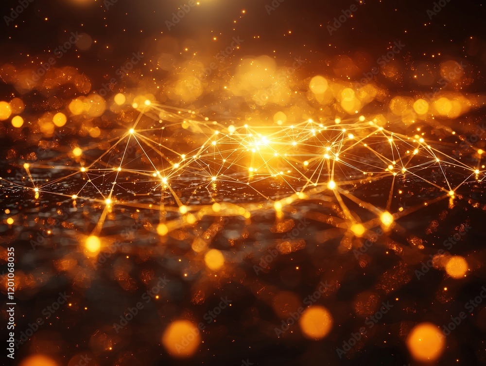 Poster golden network of interconnected nodes and lines on a dark glittering background. ideal for technolo
