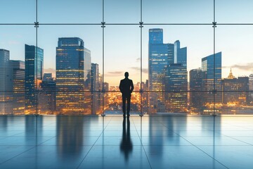 Fototapeta premium A silhouette of a person stands in front of a large glass window, overlooking a city skyline at dawn with skyscrapers bathed in warm light.