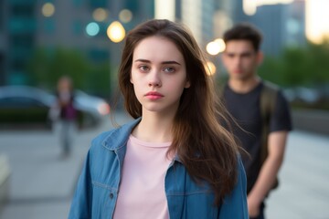 A girl with long hair and a blue jacket stands in front of a man