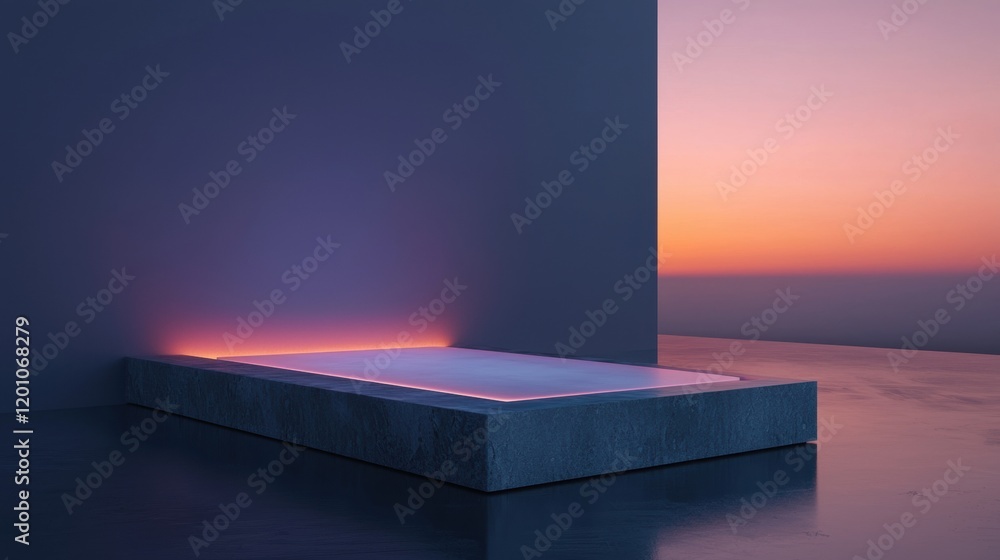 Poster modern minimalist interior design with a concrete bench in the center. the bench is square in shape 