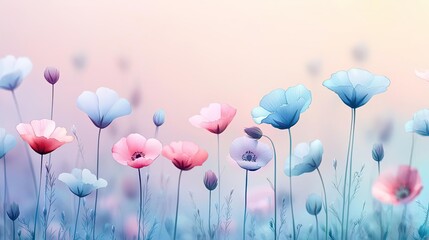 Fantasy watercolor idea. A serene landscape filled with colorful flowers swaying gently in the breeze.