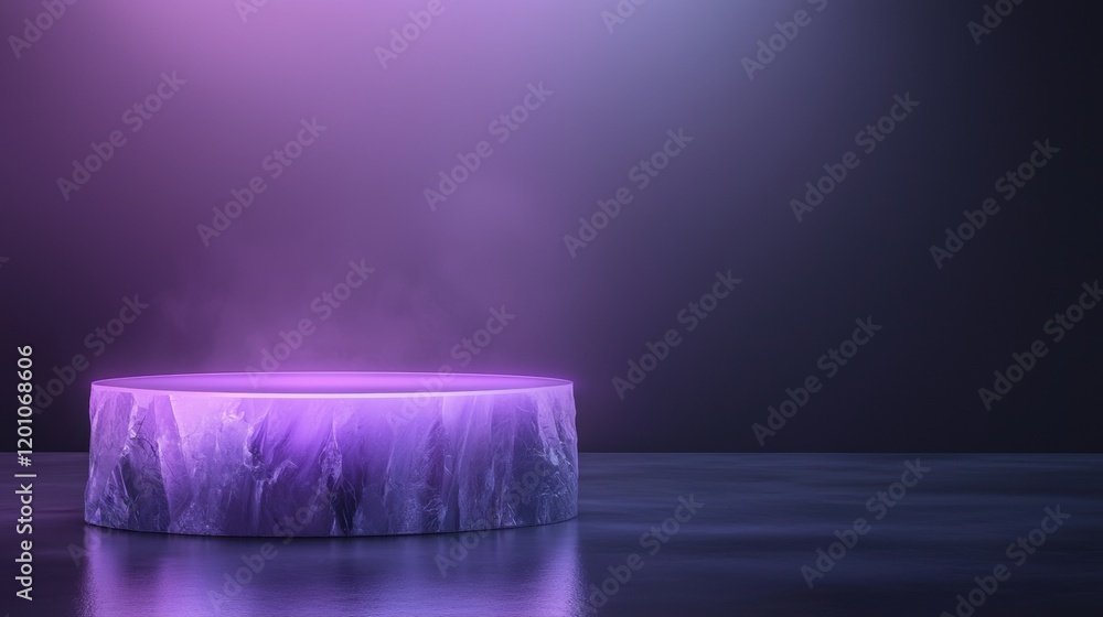 Poster 3d rendering of a round table with a purple light shining on it. the table is placed on a dark floor