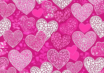 Pink and white heart pattern with intricate mandala designs on vibrant background