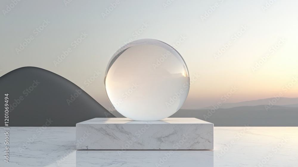 Poster white marble pedestal with a large, oval-shaped object on top. the object appears to be made of glas