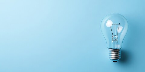 Light bulb concept on a light blue background with ample copy space featuring a clear glass bulb positioned to the right in white and blue colors