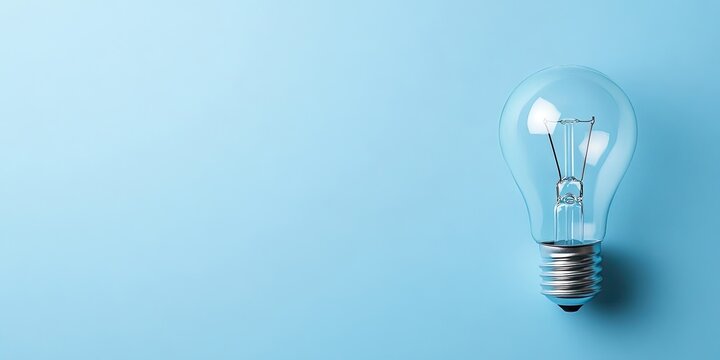 Light bulb concept on a light blue background with ample copy space featuring a clear glass bulb positioned to the right in white and blue colors
