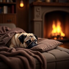  Cozy pug resting on a blanket by the fireplace