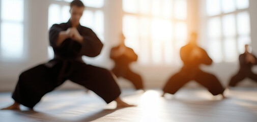Training in dojo, martial artists practice their skills in black uniforms, focusing on technique and discipline. warm light creates inspiring atmosphere for their training