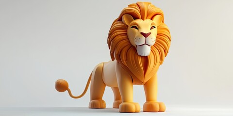 Vibrant cartoon lion toy in orange and yellow colors on a clean white background standing proudly with a welcoming expression and detailed mane