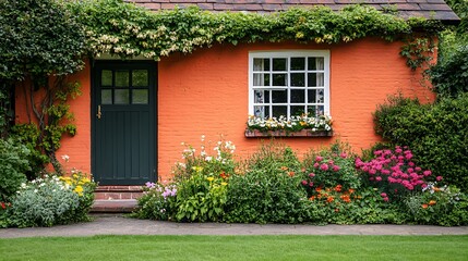 Cottage garden colorful flowering plant and green grass lawn brown pavement and orange brick wall evergreen trees