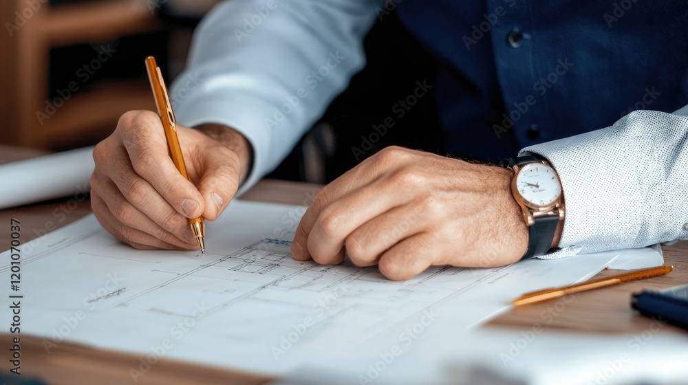 Poster hands of an architect working on a blueprint