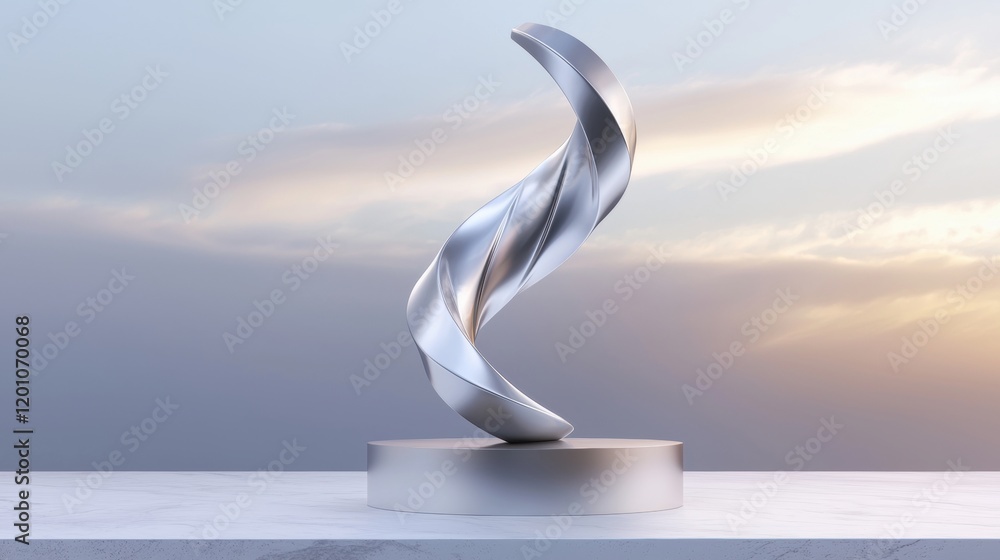 Poster 3d rendering of a modern sculpture on a white pedestal. the sculpture is made of a shiny, metallic m
