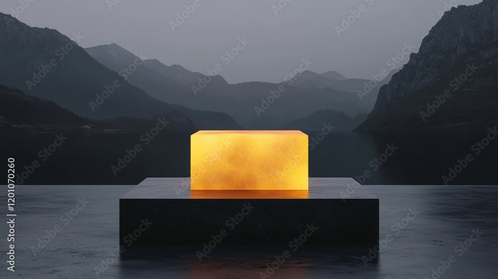 Poster square-shaped object on a black platform in the middle of a body of water. the object appears to be 