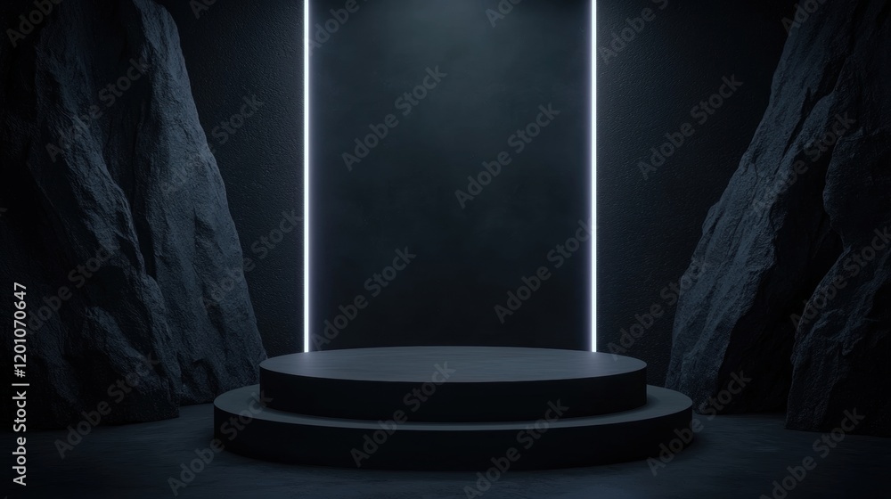 Poster dark and eerie scene with a round platform in the center. the platform is made of black material and