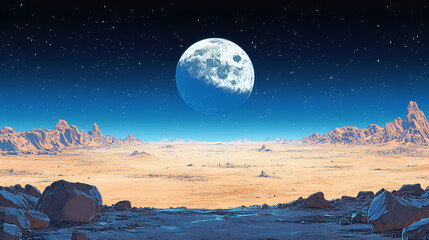 Fototapeta premium Alien Planet Desert Landscape Underneath A Large Moon