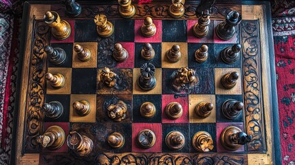 A vibrant chessboard with intricately carved wooden pieces in the middle of a game