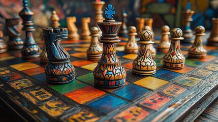 A vibrant chessboard with intricately carved wooden pieces in the middle of a game