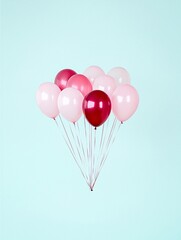 A collection of pink and red balloons tied together, floating against a pastel blue sky