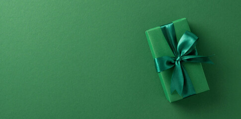 Green gift box with a satin ribbon on a matching background, suitable for gift and celebration...