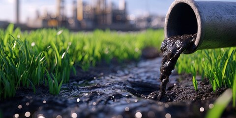 black sewage pouring from drainage pipe into blue stream, factory in distant background 