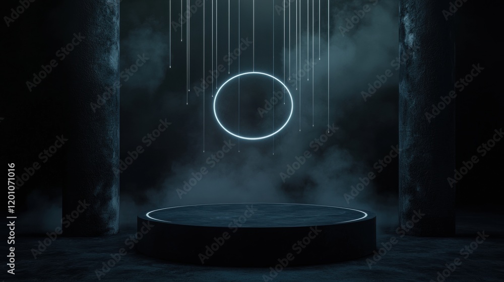 Poster dark and eerie scene with a circular platform in the center. the platform is made of concrete and is