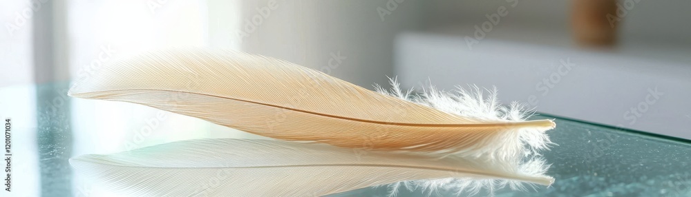 Poster a delicate feather rests on a reflective surface, showcasing its soft texture and light coloration i