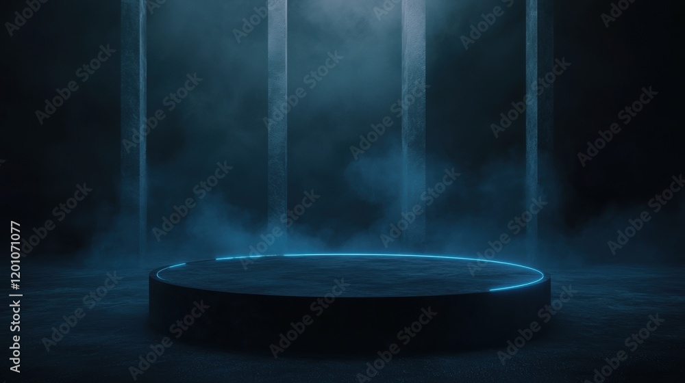Poster dark and eerie scene with a circular platform in the center. the platform is made of a dark material