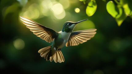 Obraz premium Hummingbird hovering near green foliage under soft natural light perfect for wildlife photography and nature enthusiasts